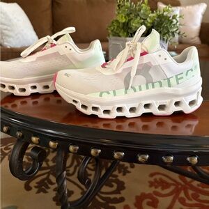 On Running White Sneakers with Mint and Pink Accents